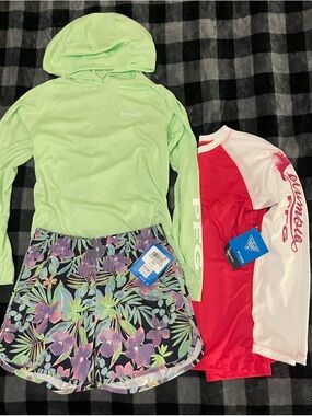 Columbia PFG Lime Green Hooded Sun Shirt with Tropical Floral Shorts